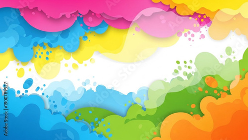 Vibrant colorful paint splashes in pink blue yellow green and orange hues on white background abstract artistic expression
