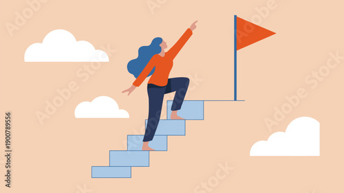 Ambitious businesswoman climbing stairs symbolizing career growth, success achievement, goal setting, leadership determination, and professional motivation concept, illustrated in modern conceptual bu