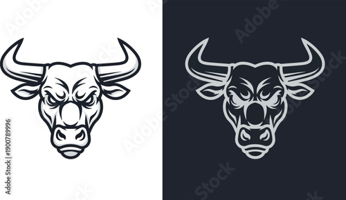 Aggressive bull head mascot logo design in two variations, one on a light background and one on a dark background, featuring strong lines and an angry expression.