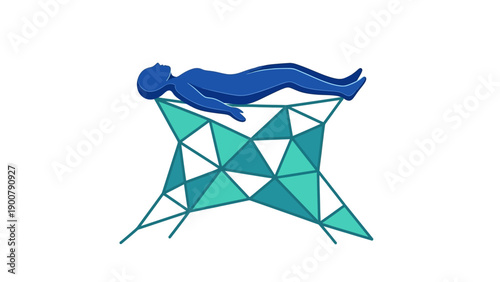 Digital Support Concept: Blue Human Silhouette Resting on Abstract Geometric Data Network Structure Illustration.