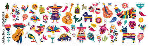 Mexico big collection. Traditional Mexican symbols and elements. Mexican decorative vector pattern.
