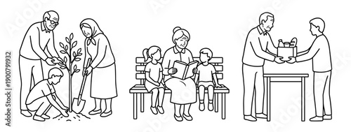 Elderly people planting tree, reading, delivering groceries