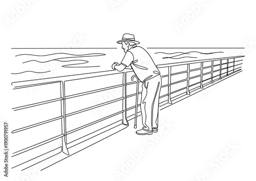 Elderly man gazing at sea from ship