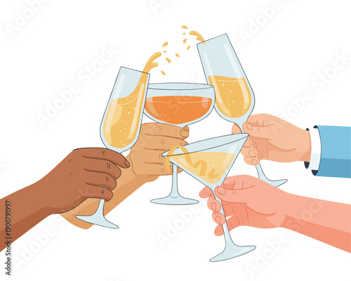 Hands toasting with champagne and cocktails