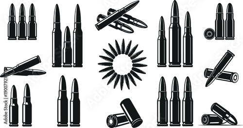 Black Ammunition Bullet Silhouette Vector Set Featuring Various Rifle Cartridges Handgun Ammo and Shell Casings for Tactical Military and Hunting Design,