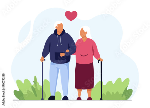Senior couple walking with love heart