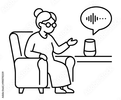 Elderly woman interacting with smart speaker