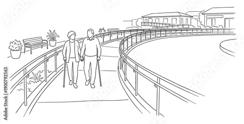 Elderly couple walking on accessible path