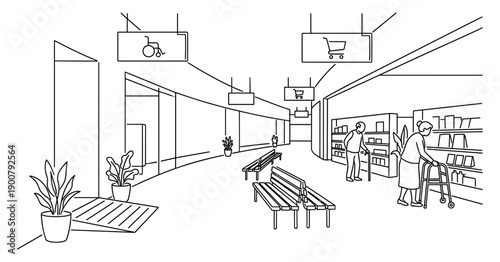 Accessible shopping mall interior with senior shoppers
