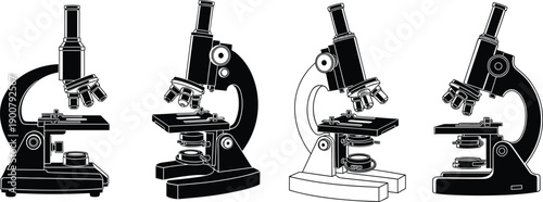 Black and white microscope silhouette vector set, scientific laboratory equipment icons, research and education biology design elements, isolated medical lab.