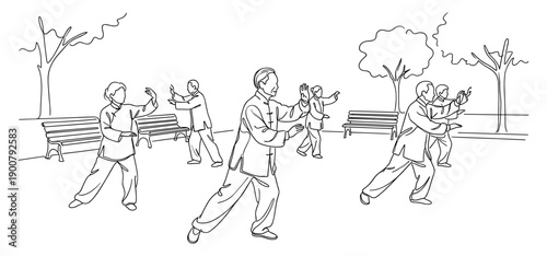 Group of elderly practicing tai chi in community park