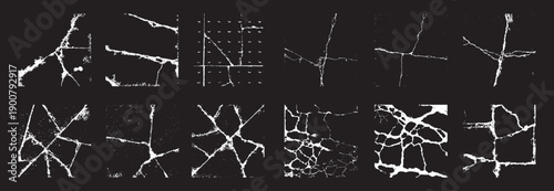 Abstract glitch symbols and broken line shapes on black background. Distorted white markings create a digital noise texture. Ideal for tech design, cyber visuals, posters, and modern overlays.