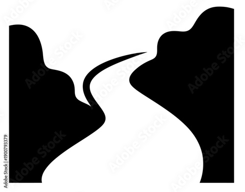 Abstract black and white illustration of a winding path between two cliffs