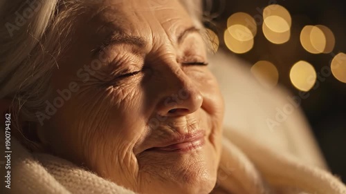 Close-up of a senior woman sleeping peacefully, with warm bokeh lights in the background, creating a cozy and serene atmosphere.