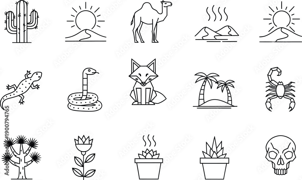 Fototapeta premium Simple black and white icons representing desert life and landscape elements