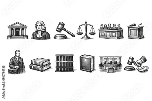 Hand-drawn legal justice icons set featuring courthouse, judge, gavel, scales, jury, witness stand, lawyer, law books, bookshelf, courtroom, and verdict