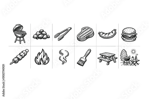 Hand-drawn barbecue and cookout icon set with grill, charcoal, tongs, steaks, sausage, burger, skewer, fire, smoke, brush, picnic table