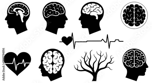Medical illustration of brain anatomy and nervous system with neural pathways, heartbeat line, and human head profile, highlighting cognition, heart health, and human physiology concepts.