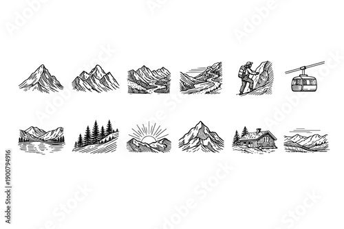 Hand-drawn alpine icon set featuring mountain peaks, valleys, forest lakes, sunrise, cabin lodge, climber on rock, and cable car gondola