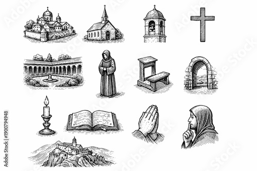 Vintage religious line art collection featuring church buildings, bell tower, cross, cloister, monk, candle, open bible, praying hands, pilgrim