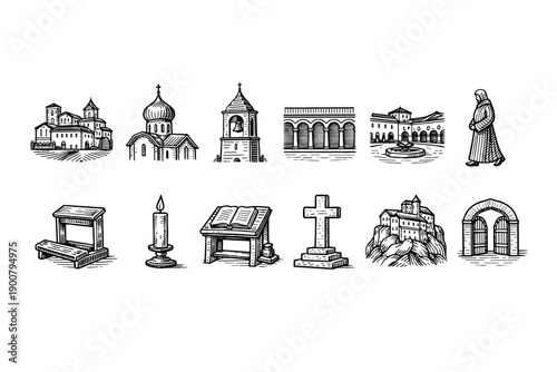 Vintage black and white sketch icon set of religious architecture and objects including churches, bell tower, arches, candle, bible, cross, organ