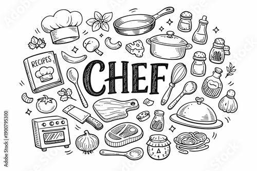 Hand-drawn chef typography surrounded by kitchen utensils, cookware, ingredients, and cooking icons in a playful monochrome culinary doodle layout