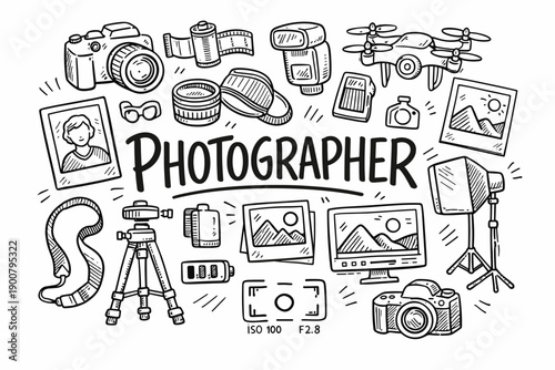 Hand-drawn photography doodle collage featuring cameras, lenses, flash, tripod, drone, film strip, lighting gear, and photo frames around typography