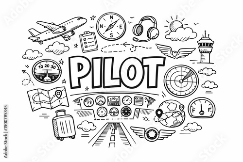 Hand-drawn aviation doodle illustration with pilot typography, airplane, runway, navigation compass, cockpit gauges, map, clouds, suitcase, control tower