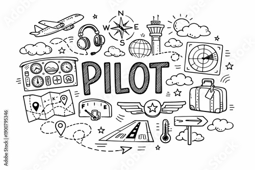 Hand-drawn aviation doodle illustration with pilot lettering, airplane, navigation icons, luggage, airport runway, compass, radar, and travel symbols