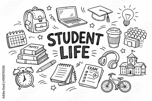 Hand-drawn student life doodle with books, laptop, backpack, notes, exam paper, graduation cap, coffee cup, bicycle, clock, and campus icons