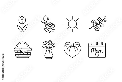 Minimal line art icons featuring tulip, butterfly flower, sun, cherry blossoms, picnic basket, vase bouquet, heart bow, and mom calendar doodles