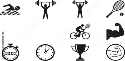 Black fitness icons set with swimming weightlifting tennis cycling bicep muscle trophy stopwatch and clock for gym and sports training designs