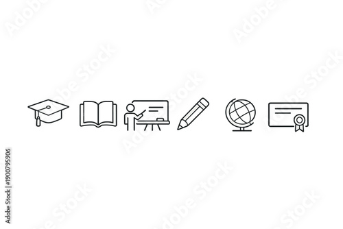 Monochrome education icons banner showing graduation cap, open book, teacher at board, pencil, globe, and diploma certificate on dark background