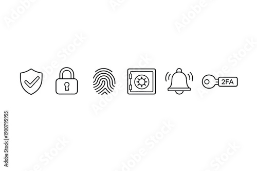 Cybersecurity icons row featuring shield, padlock, fingerprint, secure vault, alert bell, and two-factor authentication key on a dark blurred background
