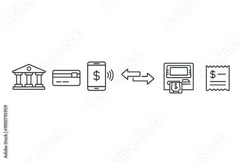 Minimal line icons illustrating digital banking payment flow from bank and card to mobile contactless transfer, ATM cash withdrawal and receipt confirmation