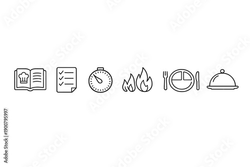 Row of minimalist white cooking and dining icons on dark gradient background featuring recipe book, checklist, timer, flames, plate with cutlery, and cloche