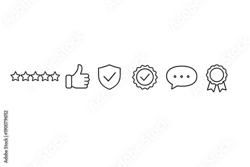Minimal line icon set featuring star rating, thumbs up approval, security shield, certified badge, chat bubble message, and award ribbon symbols