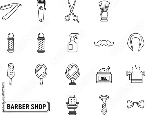 Barbershop tools and equipment line art icon set for grooming and shaving