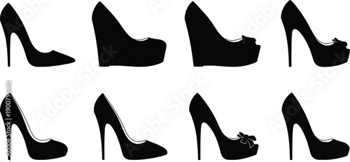 Black High Heel Shoes Silhouette Vector Set Featuring Various Elegant Stiletto Pumps Wedges and Platforms for Fashion Footwear Design Elements,