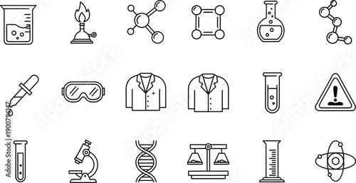 A collection of black and white line icons representing various science and laboratory concepts