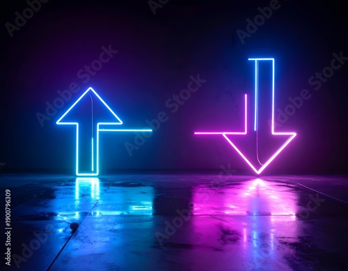 Neon light arrows pointing up and down on a reflective floor
