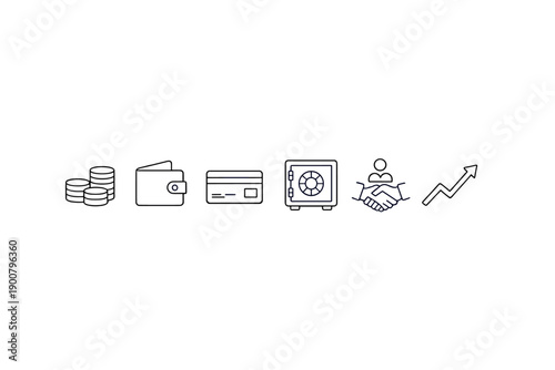 Minimal finance and banking icons showing coins, wallet, credit card, safe, handshake agreement, and rising arrow for growth on dark background