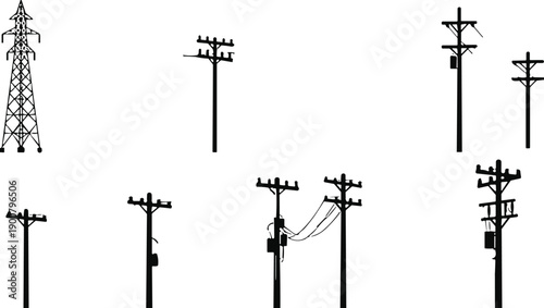 Utility poles and transmission towers silhouettes collection showing electrical infrastructure designs, power line equipment illustration, energy distribution system concept flat vector