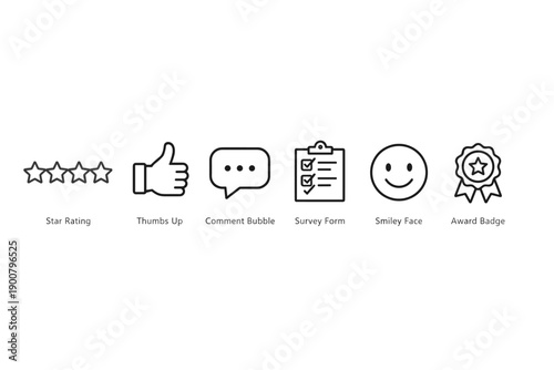 Minimal line icons set featuring star rating, thumbs up, comment bubble, survey checklist, smiley face, and award badge for feedback and evaluation