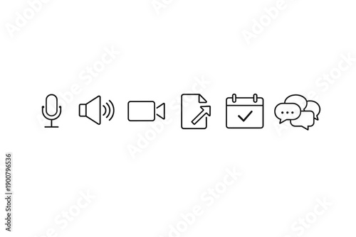 Minimal line icons set featuring microphone, volume, video camera, edit document, calendar checkmark, and chat bubbles for communication interface design