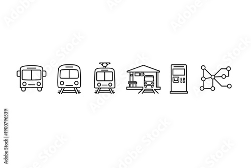 Minimal black line icon set of public transportation and infrastructure, featuring buses, trains, tram, station building, fuel pump, and network nodes