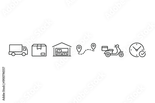 Logistics delivery icons showing truck, package, warehouse, tracking route, scooter courier, and clock representing shipping process timeline