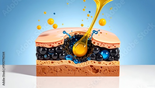 Cross-section skin with pouring oil & blackheads on blue backdrop
