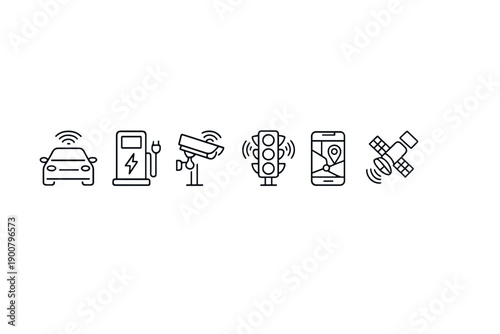 Minimal line icons representing smart mobility and connected city technology including autonomous car, charging station, surveillance camera, signal lights, phone, satellite