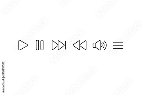 Minimal line icon set of media player controls showing play, pause, skip, rewind, volume, and menu symbols on a clean white background